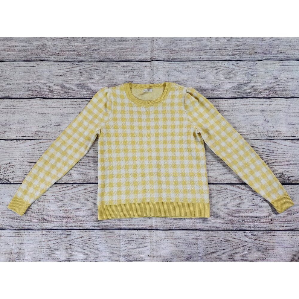 Garnet Hill Sweater Smal Yellow Gingham Check Pima Cotton Preppy Feminine Casual